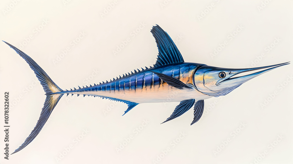A blue marlin with a long, sharp bill and a blue and gold body swims against a white background.
A blue marlin with a long, sharp bill and a blue and gold body swims against a white background.
