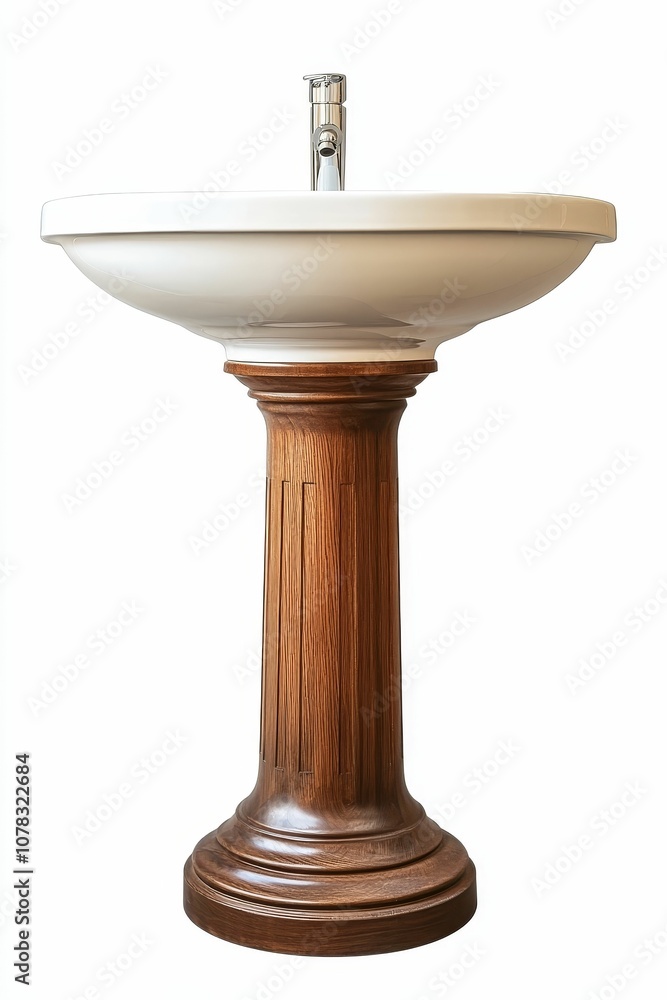 White porcelain sink on wooden pedestal. White porcelain sink on wooden pedestal.