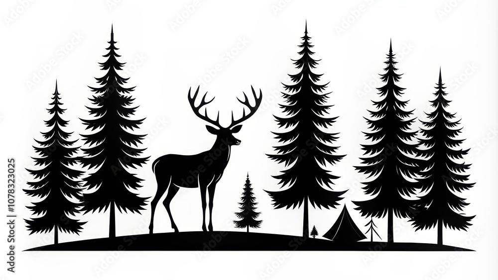 Silhouettes of a Deer, Pine Trees, and a Tent in a Forest Silhouettes of a Deer, Pine Trees, and a Tent in a Forest