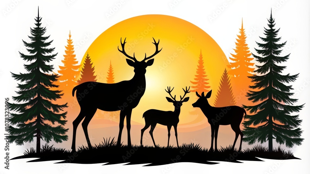 Obraz premium Silhouettes of Three Deer at Sunset in a Forest Clearing