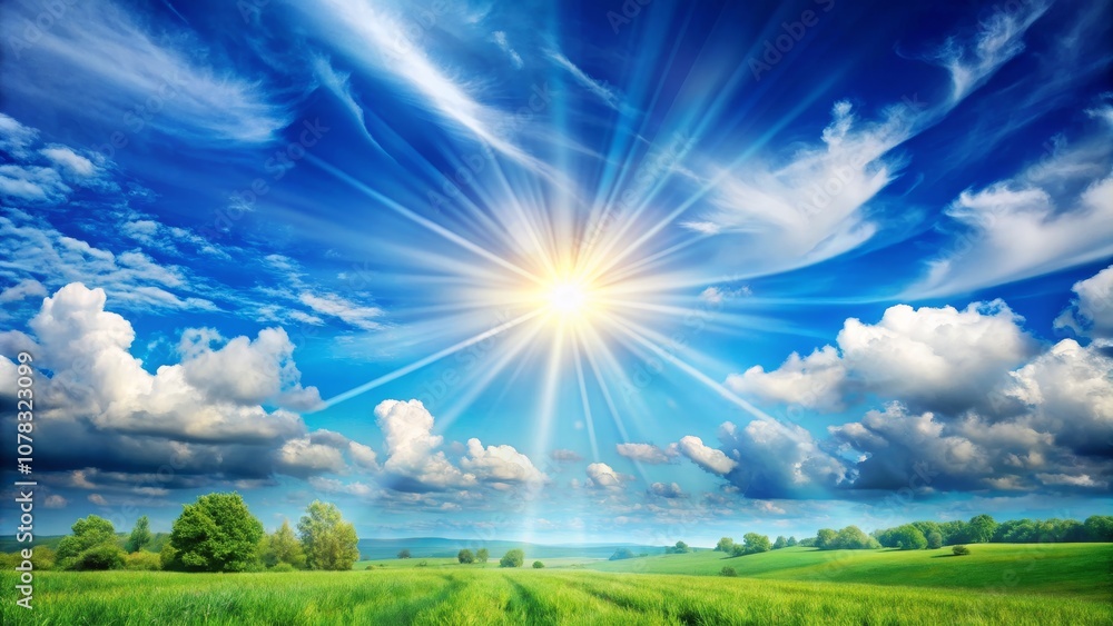 Sunbeams Through Clouds and Green Field - A Serene Landscape Sunbeams Through Clouds and Green Field - A Serene Landscape
