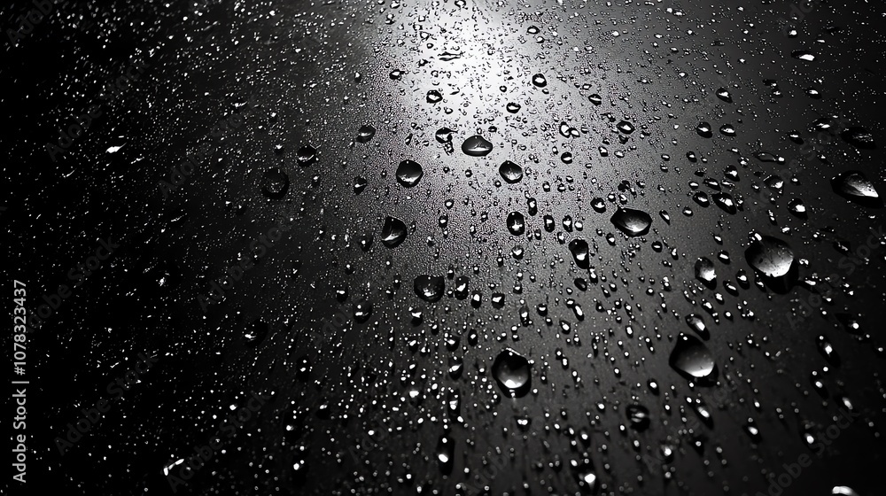 A close-up shot of water droplets on a dark, reflective surface with a bright light source in the background. A close-up shot of water droplets on a dark, reflective surface with a bright light source in the background.