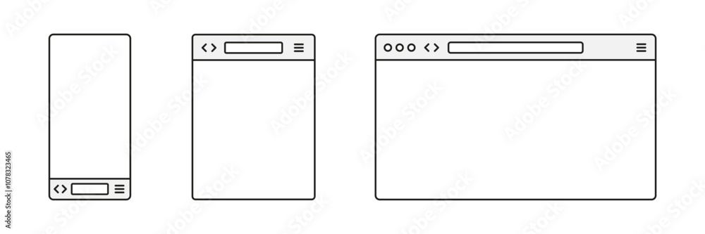 Browser page. Browser window template. New website page mock up vector set. Mobile browsing frame. Line design Browser page. Browser window template. New website page mock up vector set. Mobile browsing frame. Line design