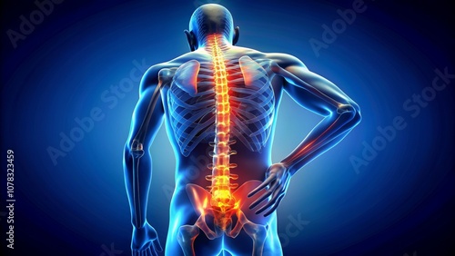 3D Illustration of a Male Skeleton with Back Pain and a Blue Background