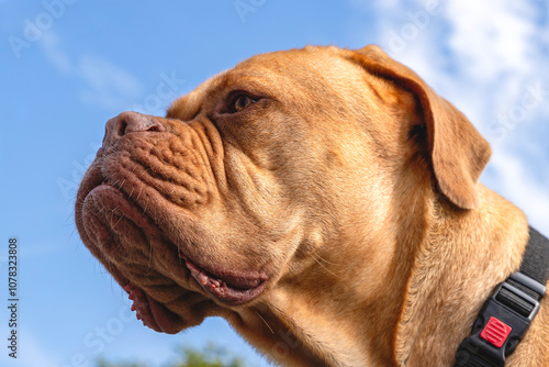 A portrait shot of Mabel, a five year old Dogue de Bordeaux (French Mastiff) bitch, on a warm summer's day, as she looks around her garden.