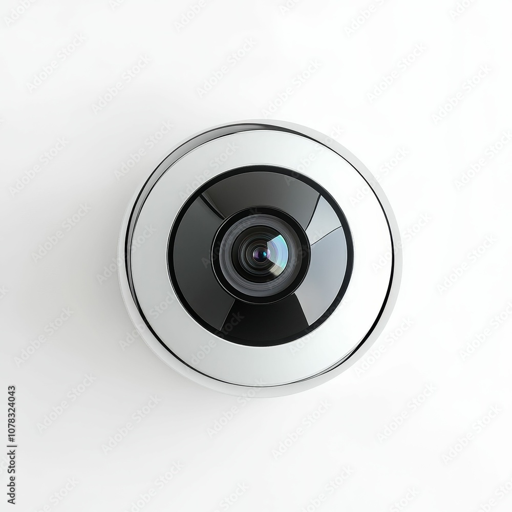 A white security camera on a white wall. A white security camera on a white wall.