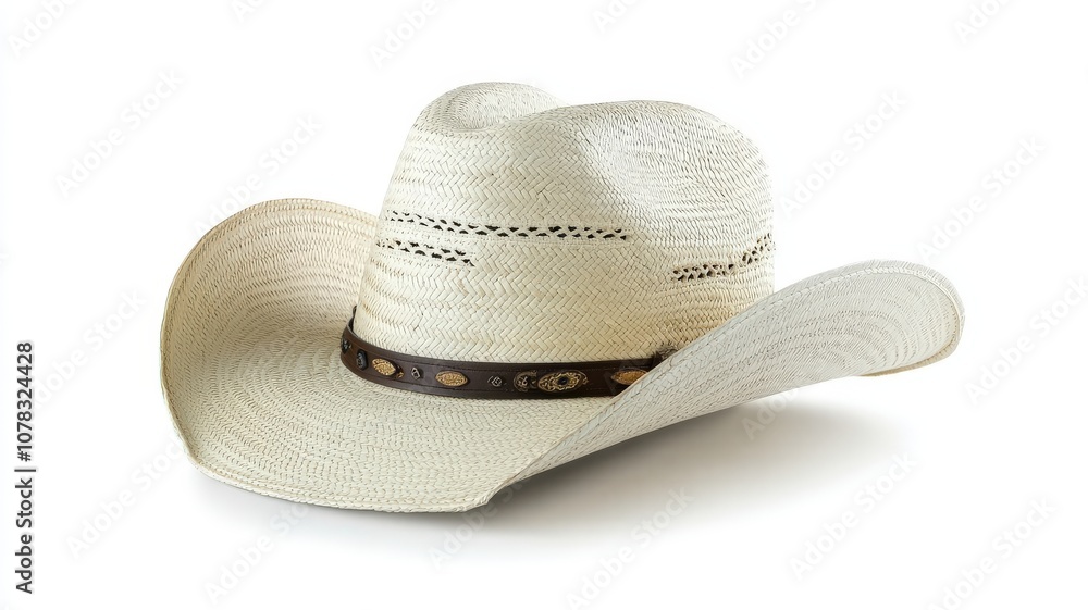 A stylish, white straw cowboy hat with a decorative band, perfect for sunny days outdoors or country-themed events. A stylish, white straw cowboy hat with a decorative band, perfect for sunny days outdoors or country-themed events.