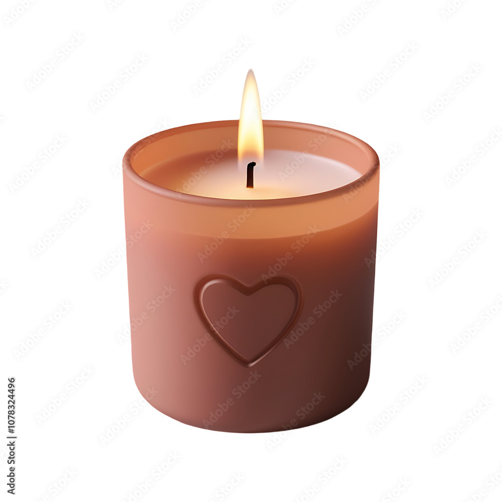 A lit candle with a heart design on the side. A lit candle with a heart design on the side.