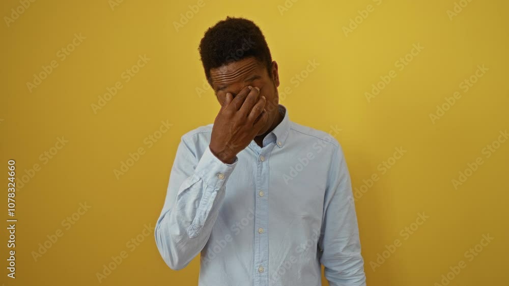 Young african american man wearing shirt standing, sad, depressed expression crying in anger and worry over stress, isolated on a yellow background Young african american man wearing shirt standing, sad, depressed expression crying in anger and worry over stress, isolated on a yellow background