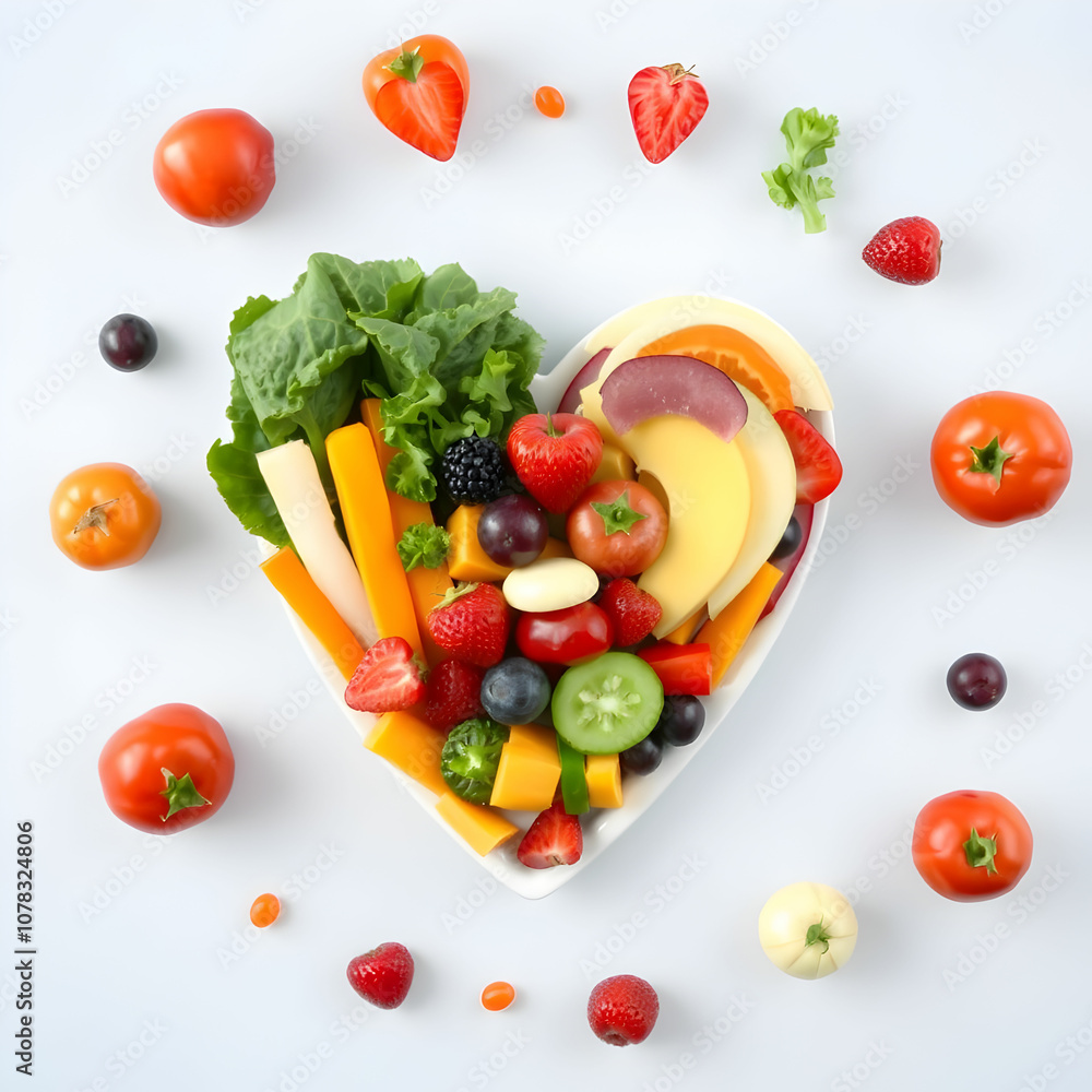 Heart made with vegetables and fruits Healthy food Heart made with vegetables and fruits Healthy food