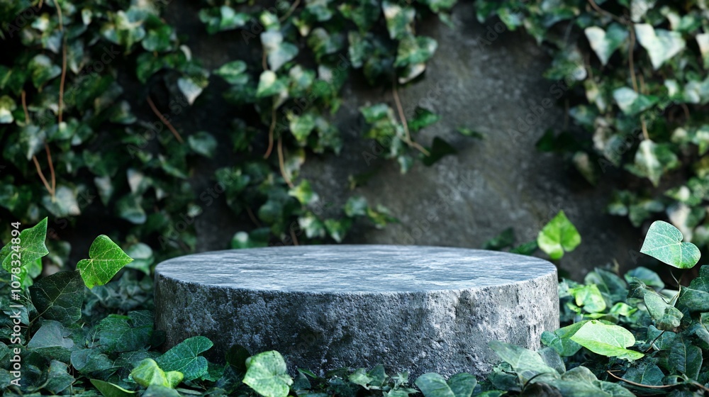 Stone podium with green leaves background. Stone podium with green leaves background.