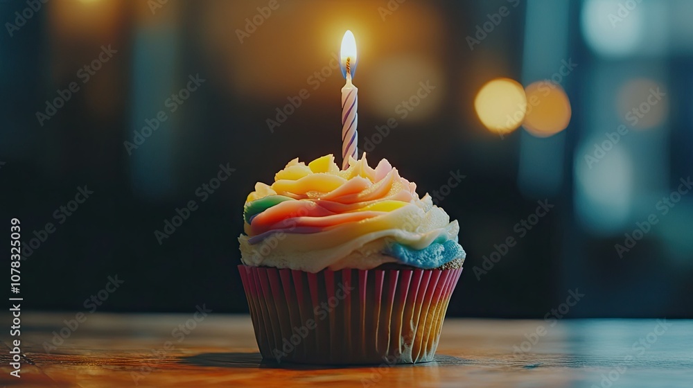 A cupcake with colorful frosting and a single candle, isolated on a plain white background, ready for a birthday. A cupcake with colorful frosting and a single candle, isolated on a plain white background, ready for a birthday.