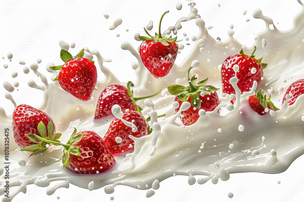 milk or yogurt splash with strawberries isolated on white background milk or yogurt splash with strawberries isolated on white background
