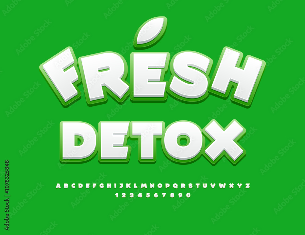 Naklejka premium Vector healthy concept Fresh Detox. White and Green Unique Font. Funny Alphabet Letters and Numbers set.