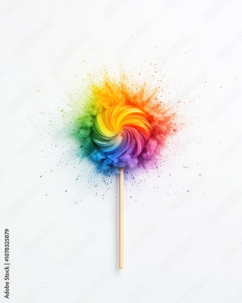 A vibrant rainbow lollipop with colorful dust explosion on a clean background, perfect for expressing joy and sweetness. A vibrant rainbow lollipop with colorful dust explosion on a clean background, perfect for expressing joy and sweetness.