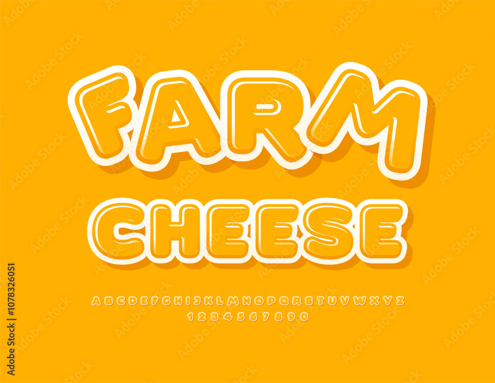 Vector advertising label Farm Cheese. Sunny Yellow Font. Glossy Alphabet Letters and Numbers. Vector advertising label Farm Cheese. Sunny Yellow Font. Glossy Alphabet Letters and Numbers.