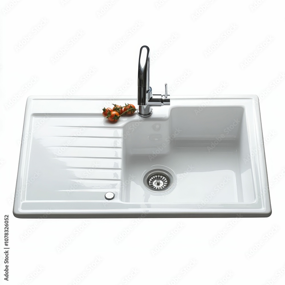 White kitchen sink with chrome faucet and tomatoes. White kitchen sink with chrome faucet and tomatoes.