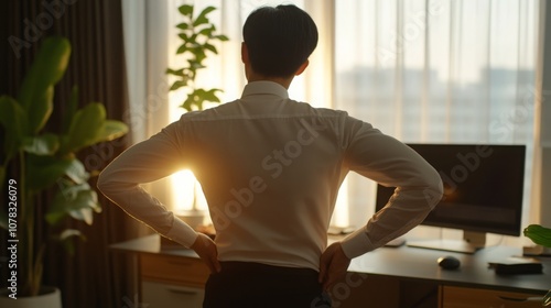 Office worker taking a break to do stretches in a modern office setting, promoting work-life balance and physical well-being in the workplace.