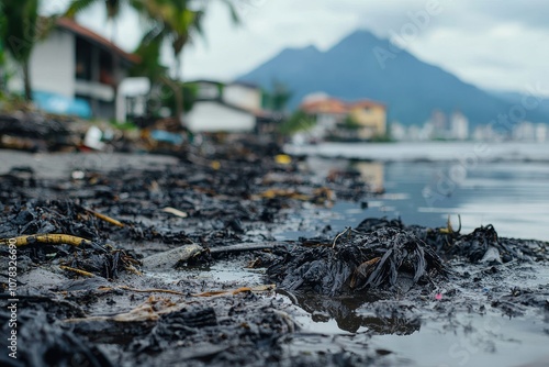 A polluted shoreline shows dark waste marring the water's edge, with mountains in the background, highlighting environmental degradation. photo