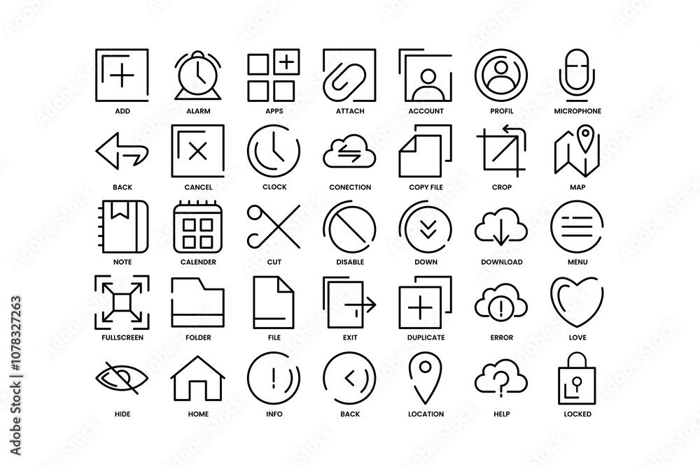 Fototapeta premium A grid of minimalist icons representing various functions and applications web user interface