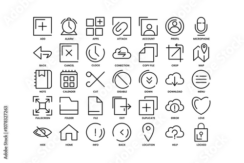 A grid of minimalist icons representing various functions and applications web user interface
