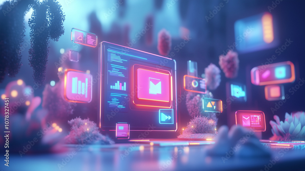 Fototapeta premium Futuristic Analytics Dashboard With Floating Interface Elements in Digital Environment