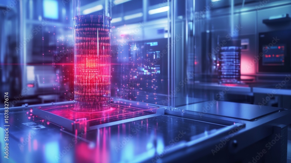 Quantum computer processing data emitting red light in futuristic laboratory setting with digital displays and complex equipment Quantum computer processing data emitting red light in futuristic laboratory setting with digital displays and complex equipment