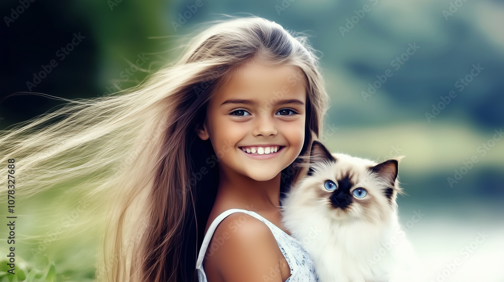 Charming little White girl and her fluffy kitten in a glowing, ethereal image that encapsulates the love and happiness of childhood and family pet moments Charming little White girl and her fluffy kitten in a glowing, ethereal image that encapsulates the love and happiness of childhood and family pet moments