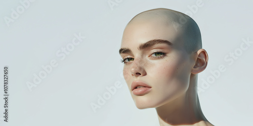 Portrait of a woman model with a shaved head against a light background, showcasing unique beauty and striking features during a fashion shoot