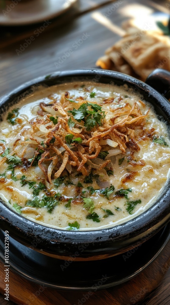 A comforting bowl of haleem topped with fried onions and herbs, ideal for Ramadan feasts A comforting bowl of haleem topped with fried onions and herbs, ideal for Ramadan feasts