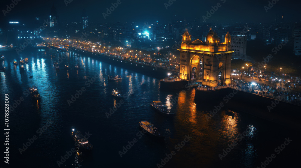 Fototapeta premium breathtaking view of Gateway of India illuminated at night, surrounded by boats and city lights reflecting on water. scene captures vibrant energy of Mumbai