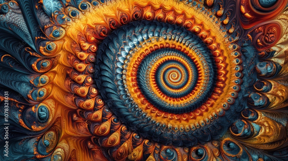Golden ratio fractal spiral creating a stunning visual effect, with intricate details and vibrant colors of orange, teal, and gold, forming a mesmerizing and symmetrical pattern Golden ratio fractal spiral creating a stunning visual effect, with intricate details and vibrant colors of orange, teal, and gold, forming a mesmerizing and symmetrical pattern