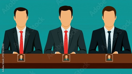 Three men in suits sit at a table, each with a nameplate, against a teal background, suggesting a formal or business setting.