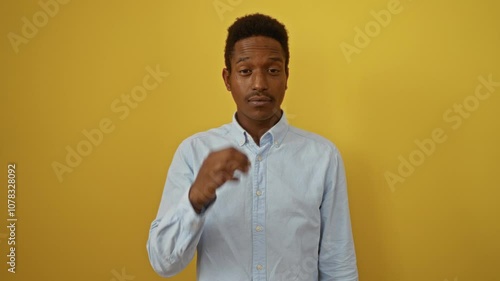 Silent young african american man wearing shirt with zipped lips, standing over isolated yellow background, signifying secret and quiet gesture with finger
