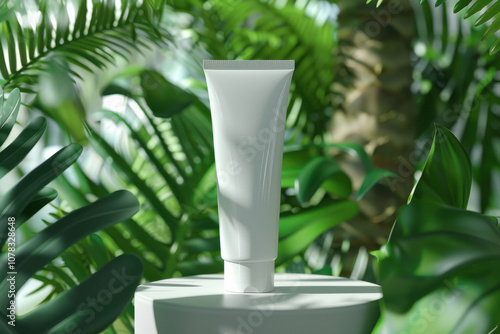 White cream tube Cosmetic packaging design with tropical plants background.