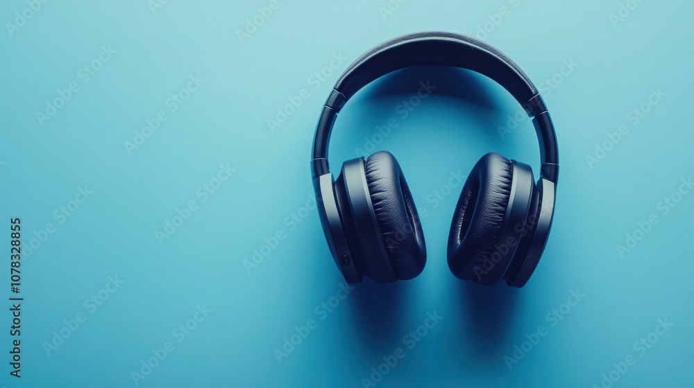 Black Headphones on a Blue Background Black Headphones on a Blue Background
