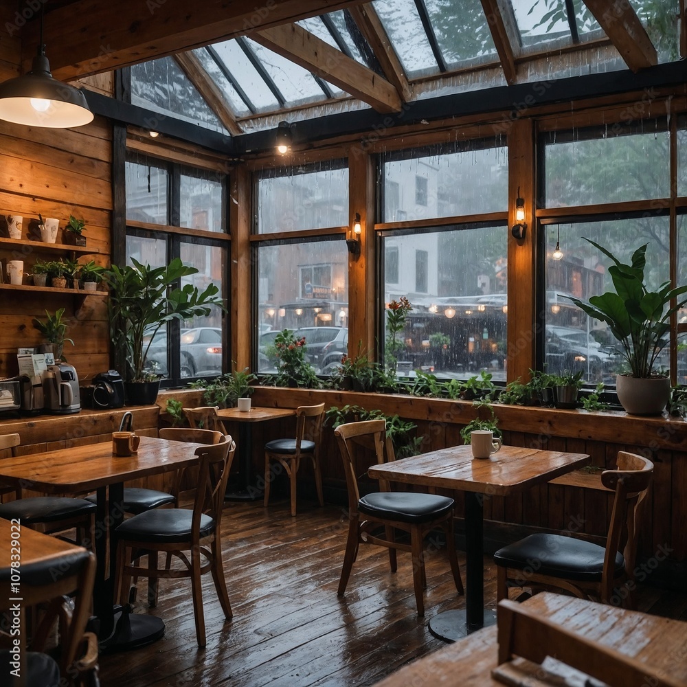 Obraz premium Generate a cozy café scene on a rainy day, with foggy windows, warm lights, and people enjoying coffee. Raindrops fall outside, and books and plants decorate the wooden interior