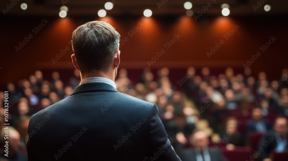 Speaker Delivering Engaging Speech in Auditorium Speaker Delivering Engaging Speech in Auditorium