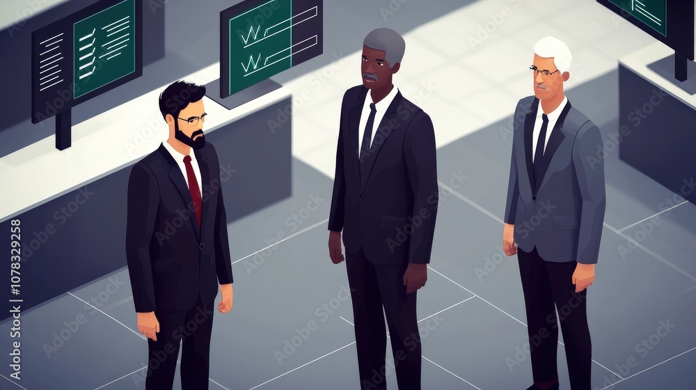 Fototapeta premium Three businesspeople in suits discuss strategies in a modern office environment, surrounded by digital screens and data displays.