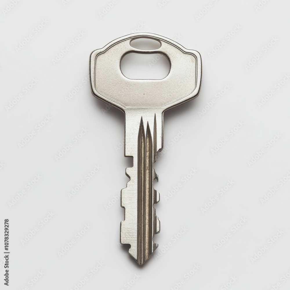 A silver key on a white background. A silver key on a white background.