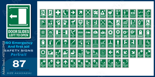 87 set iso emergency and first aid safety signs v33_door slides left to open_portrait size a4/a3/a2/a1