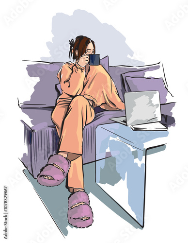 Young woman with laptop sitting on the chair. Freelance or studying