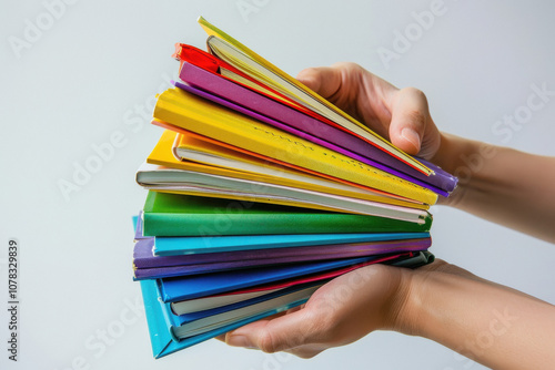 hand holding colorful books stack on white background.