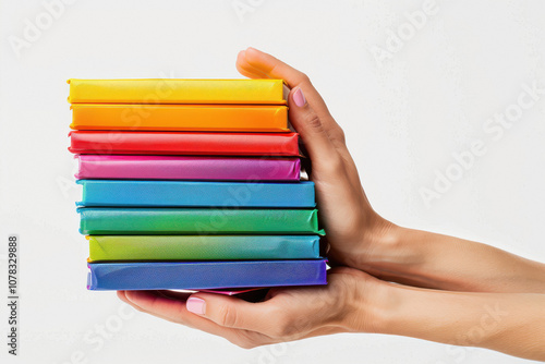 hand holding colorful books stack on white background.