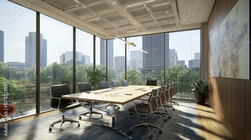 bright meeting room in co working space featuring large wooden table, ergonomic chairs, and expansive windows showcasing city view. atmosphere is modern and inviting