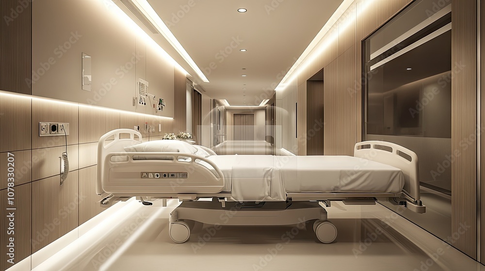A neatly made hospital bed under soft lighting, in the middle of a wide and quiet hallway. A neatly made hospital bed under soft lighting, in the middle of a wide and quiet hallway.