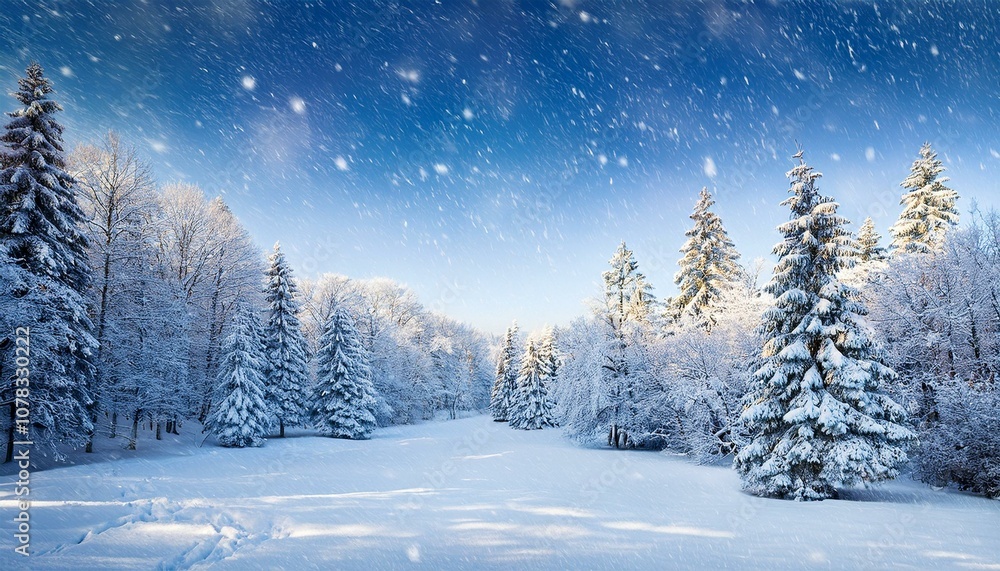 Vector winter scene with snow, frosted trees, and a serene snowfall, ideal for use in holiday cards, posters, and winter-themed decor Vector winter scene with snow, frosted trees, and a serene snowfall, ideal for use in holiday cards, posters, and winter-themed decor
