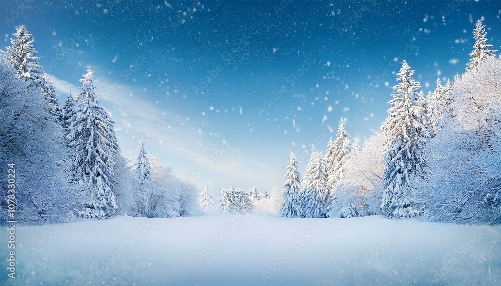 Vector winter scene with snow, frosted trees, and a serene snowfall, ideal for use in holiday cards, posters, and winter-themed decor Vector winter scene with snow, frosted trees, and a serene snowfall, ideal for use in holiday cards, posters, and winter-themed decor