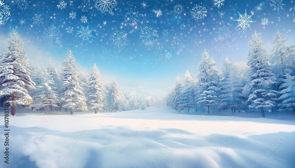 Vector winter scene with snow, frosted trees, and a serene snowfall, ideal for use in holiday cards, posters, and winter-themed decor Vector winter scene with snow, frosted trees, and a serene snowfall, ideal for use in holiday cards, posters, and winter-themed decor