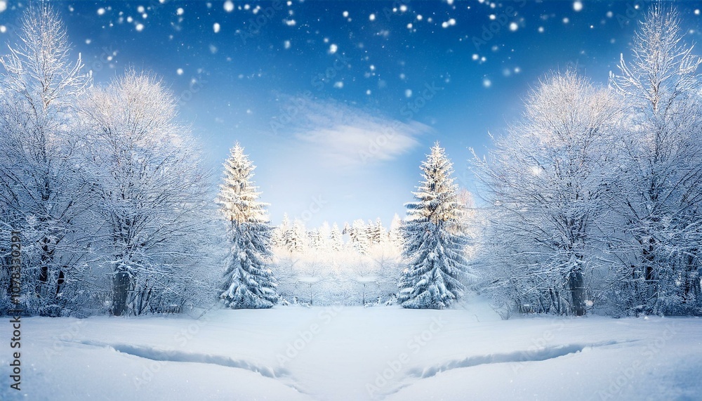 Vector winter scene with snow, frosted trees, and a serene snowfall, ideal for use in holiday cards, posters, and winter-themed decor Vector winter scene with snow, frosted trees, and a serene snowfall, ideal for use in holiday cards, posters, and winter-themed decor